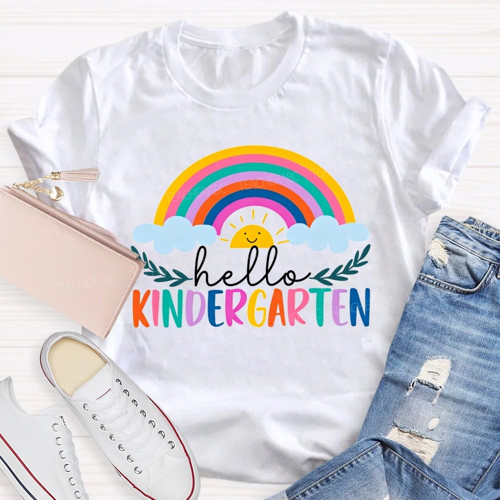 Personalized Grade Hello Kindergarten Cute Rainbow Sun Cloud Teacher T-shirt