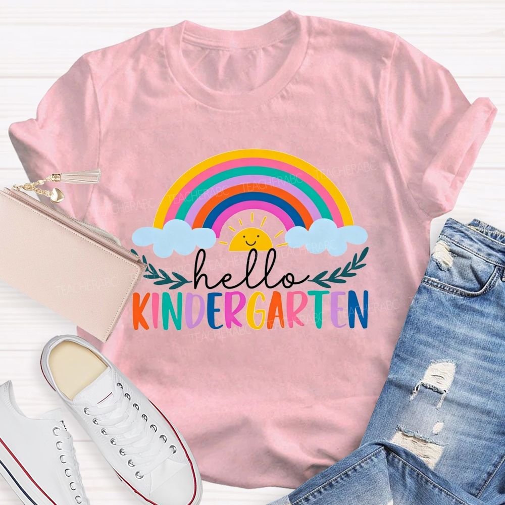 Personalized Grade Hello Kindergarten Cute Rainbow Sun Cloud Teacher T-shirt