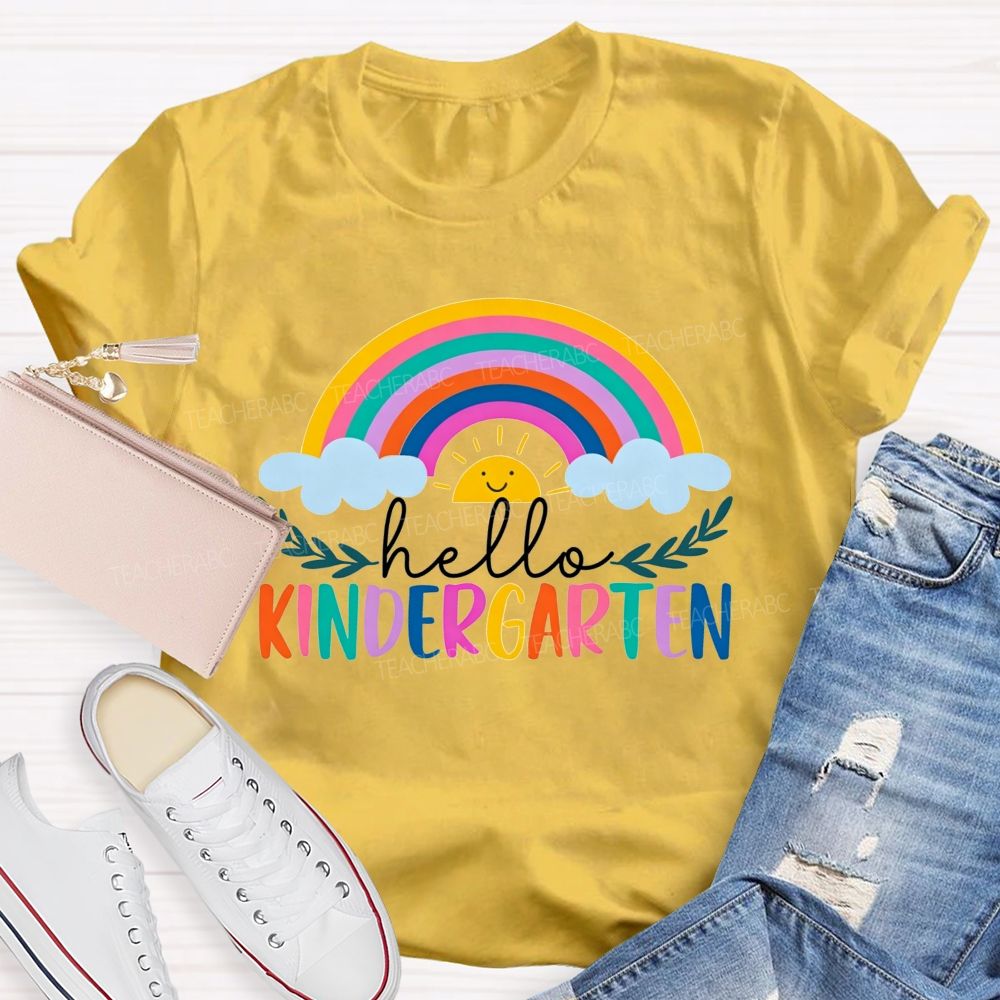 Personalized Grade Hello Kindergarten Cute Rainbow Sun Cloud Teacher T-shirt