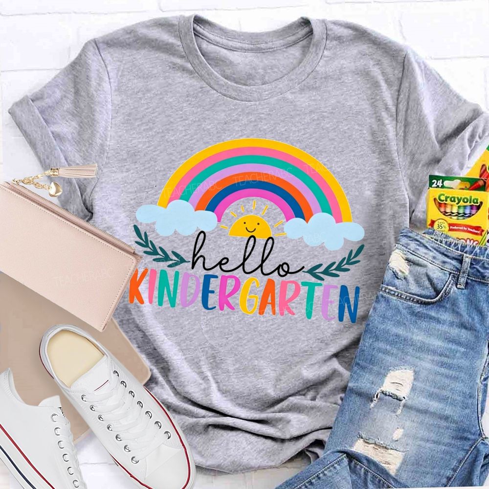 Personalized Grade Hello Kindergarten Cute Rainbow Sun Cloud Teacher T-shirt