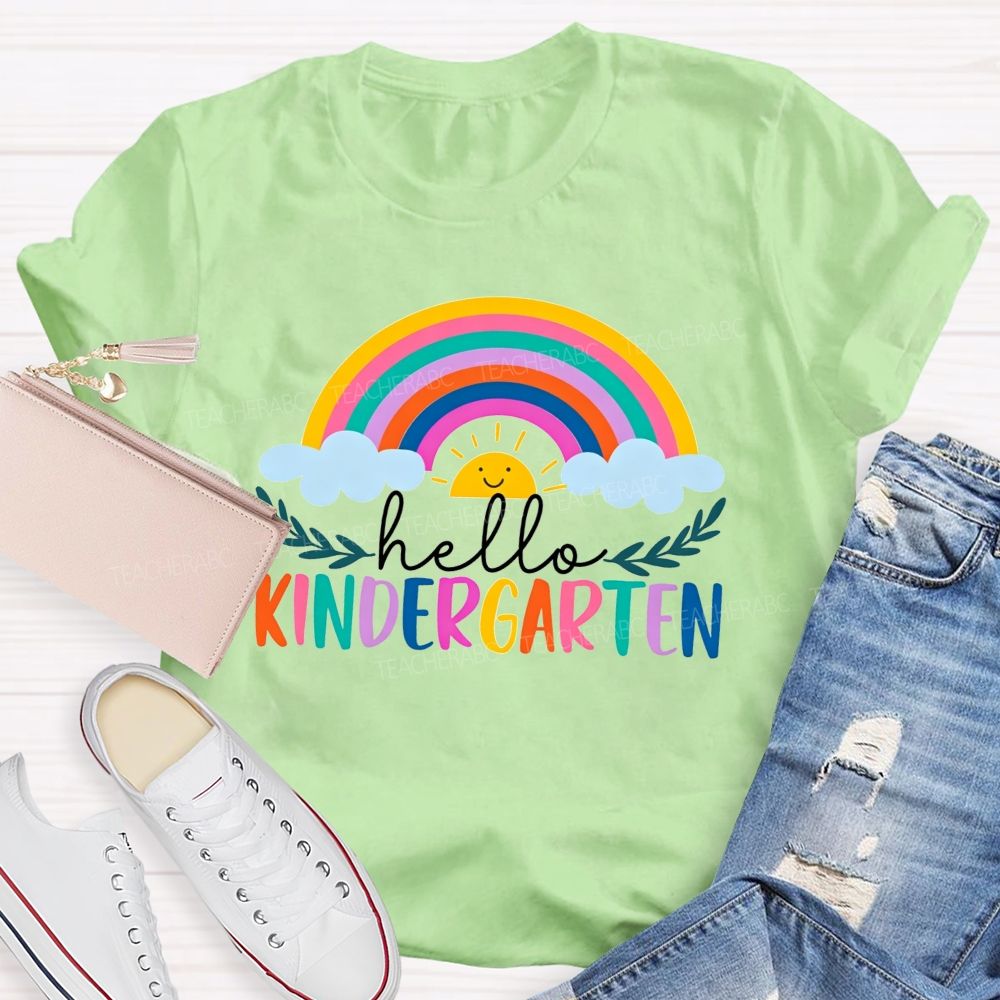 Personalized Grade Hello Kindergarten Cute Rainbow Sun Cloud Teacher T-shirt