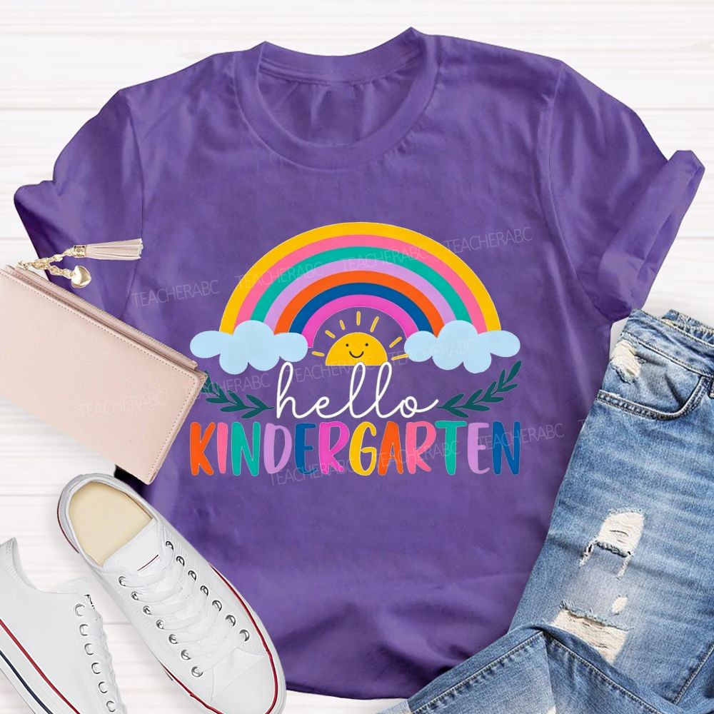 Personalized Grade Hello Kindergarten Cute Rainbow Sun Cloud Teacher T-shirt