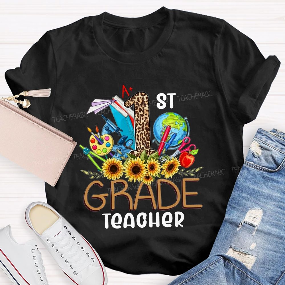 Personalized Grade 1st Grade Teacher Leopard Number Sunflower Teacher T-shirt