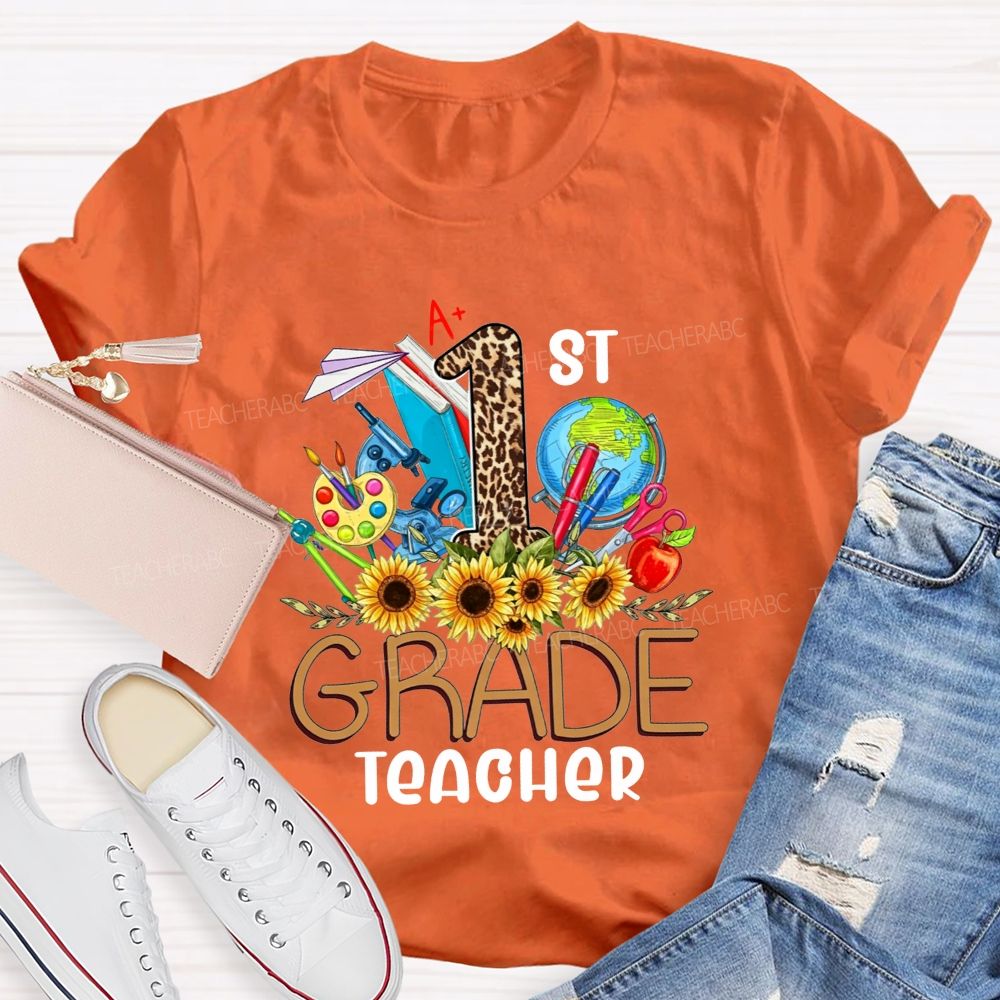 Personalized Grade 1st Grade Teacher Leopard Number Sunflower Teacher T-shirt