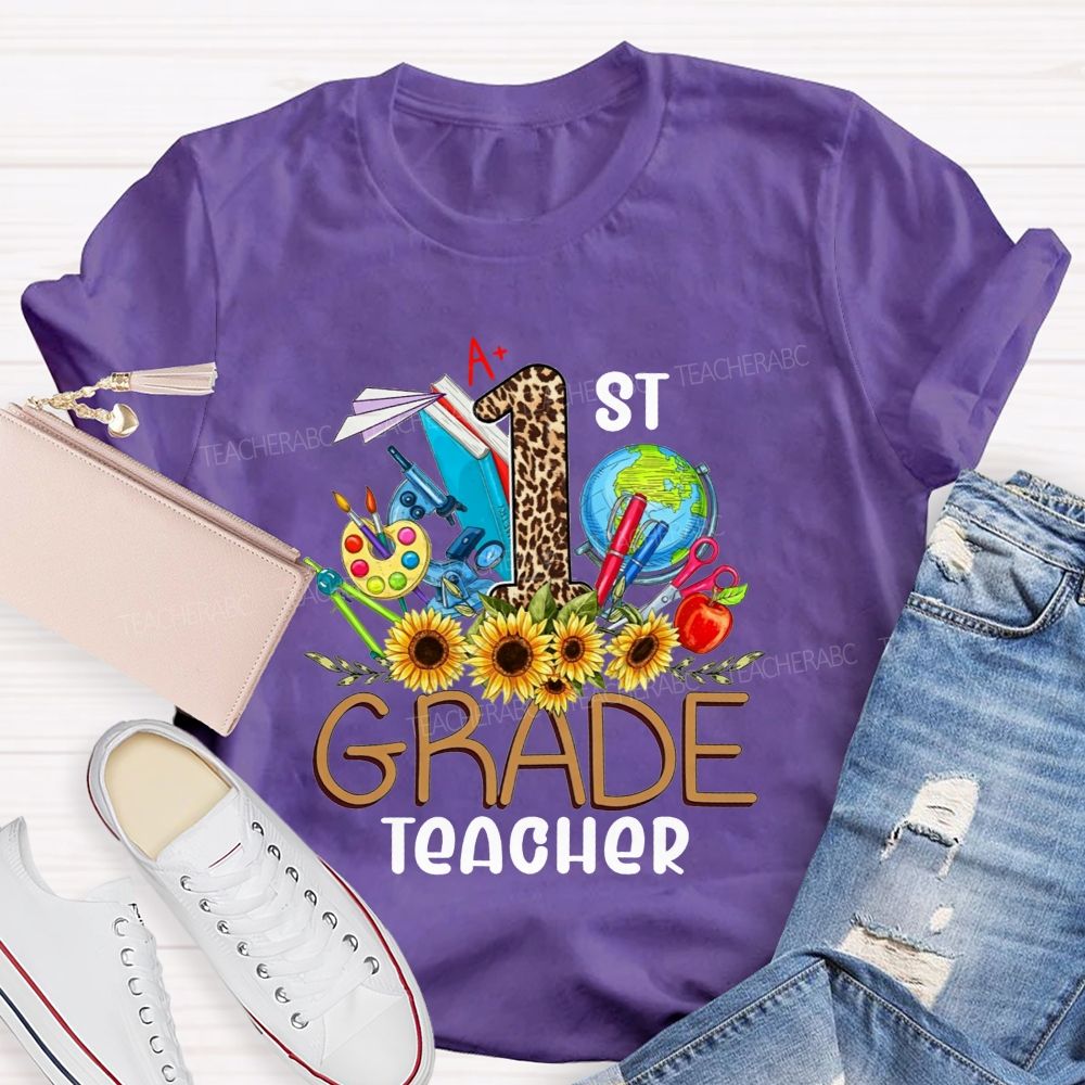 Personalized Grade 1st Grade Teacher Leopard Number Sunflower Teacher T-shirt