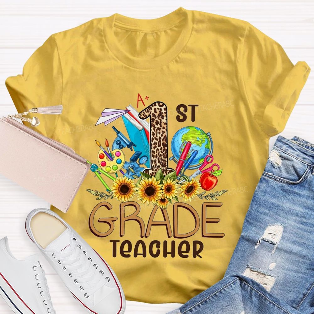 Personalized Grade 1st Grade Teacher Leopard Number Sunflower Teacher T-shirt