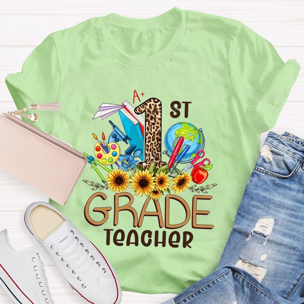 Personalized Grade 1st Grade Teacher Leopard Number Sunflower Teacher T-shirt