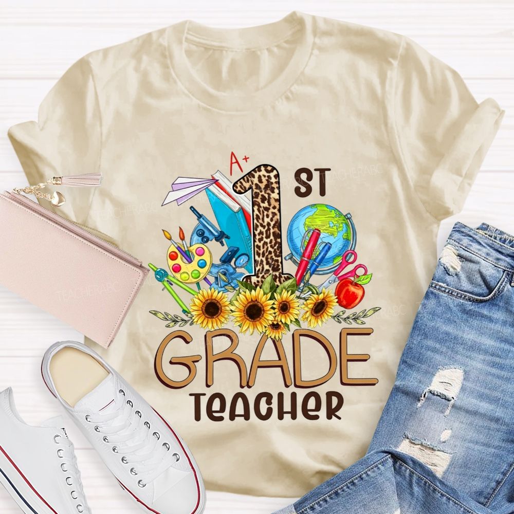 Personalized Grade 1st Grade Teacher Leopard Number Sunflower Teacher T-shirt