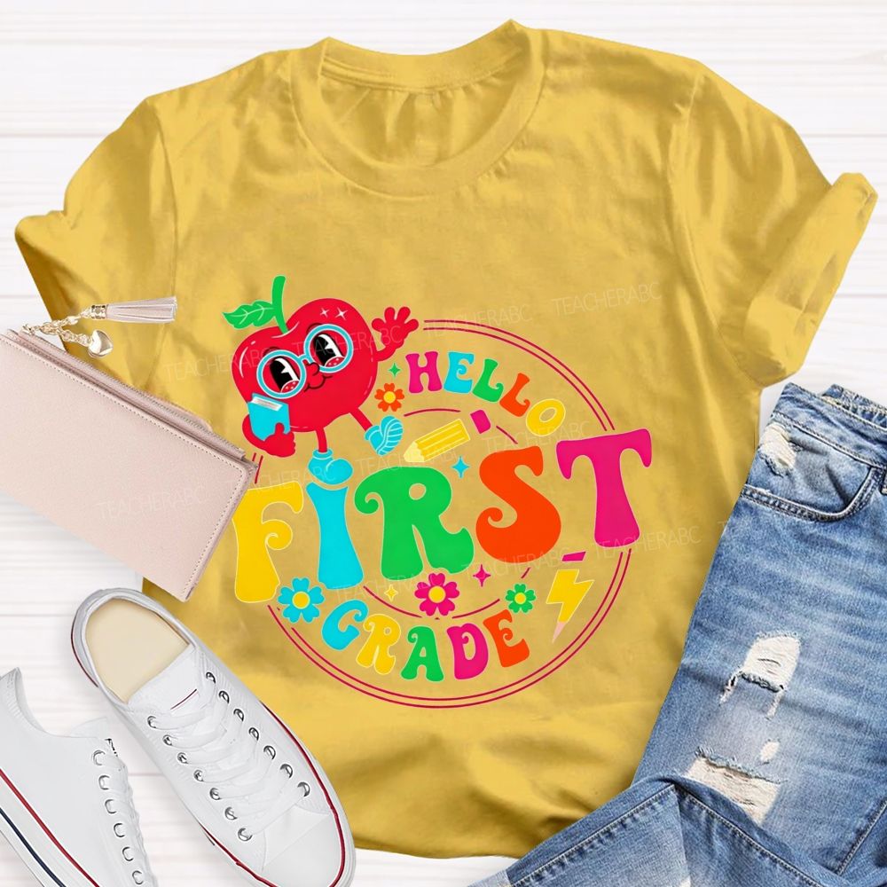 Personalized Grade Hello First Grade Cute Cartoon Apple Teacher T-shirt