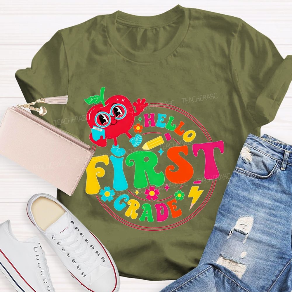 Personalized Grade Hello First Grade Cute Cartoon Apple Teacher T-shirt