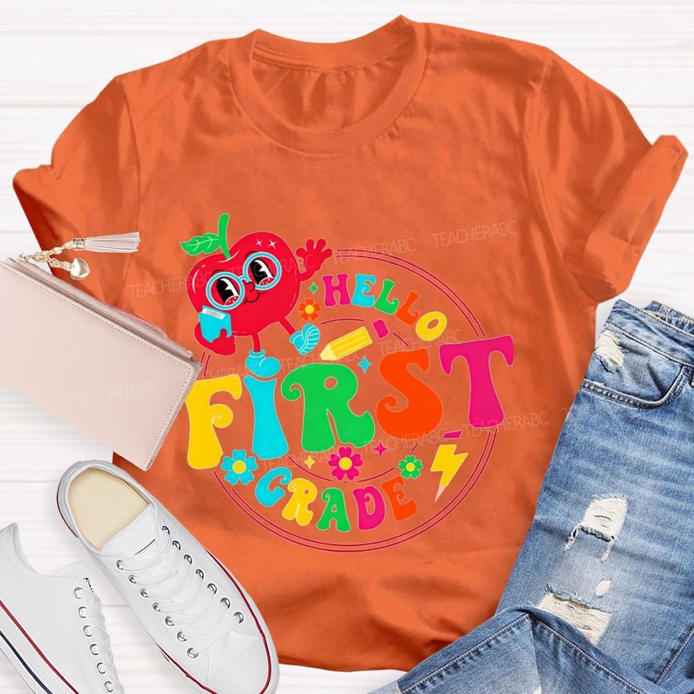 Personalized Grade Hello First Grade Cute Cartoon Apple Teacher T-shirt