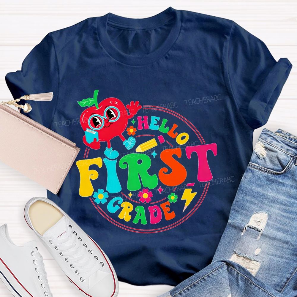 Personalized Grade Hello First Grade Cute Cartoon Apple Teacher T-shirt