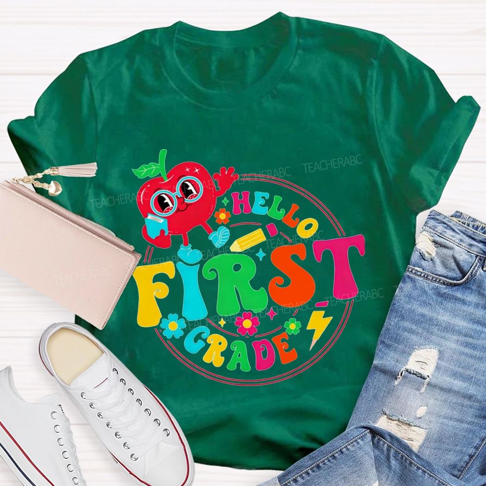 Personalized Grade Hello First Grade Cute Cartoon Apple Teacher T-shirt