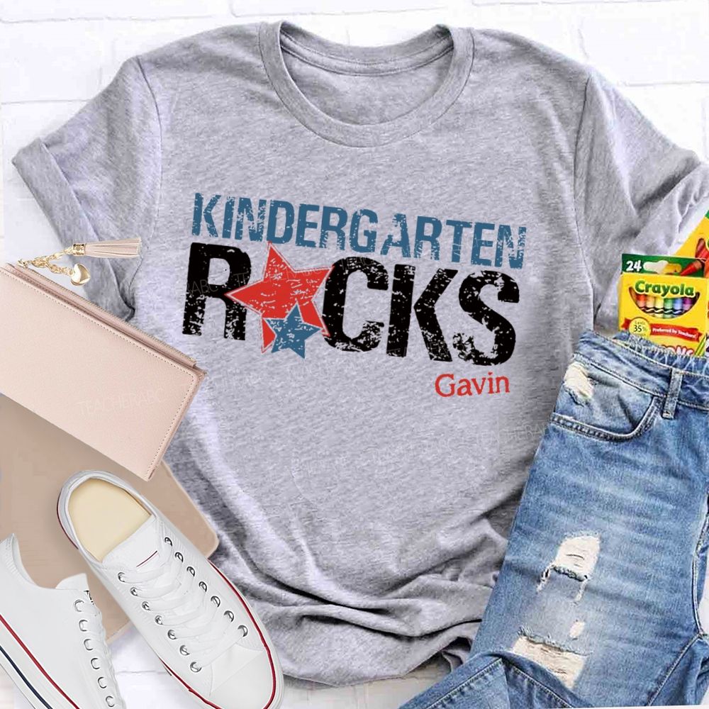 Personalized Name  And  Grade Kindergarten Rocks  Teacher T-shirt