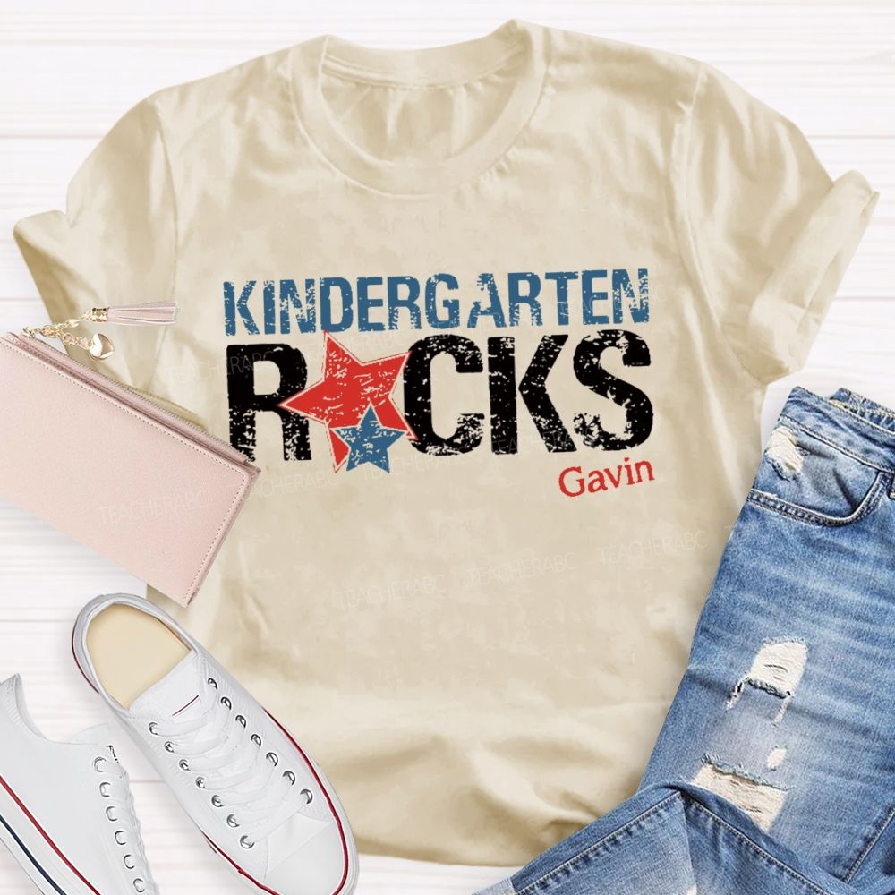 Personalized Name  And  Grade Kindergarten Rocks  Teacher T-shirt