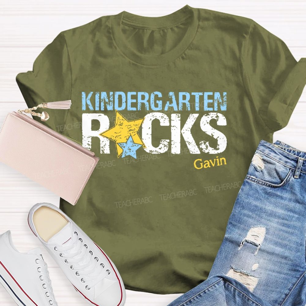 Personalized Name  And  Grade Kindergarten Rocks  Teacher T-shirt