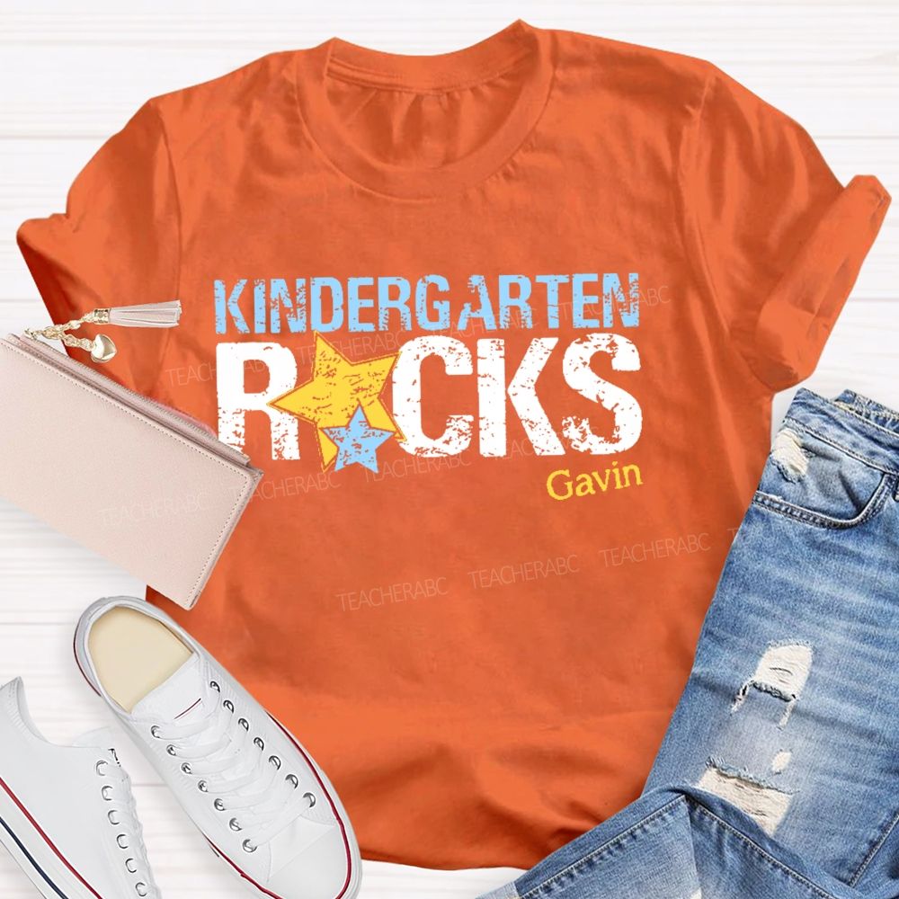 Personalized Name  And  Grade Kindergarten Rocks  Teacher T-shirt