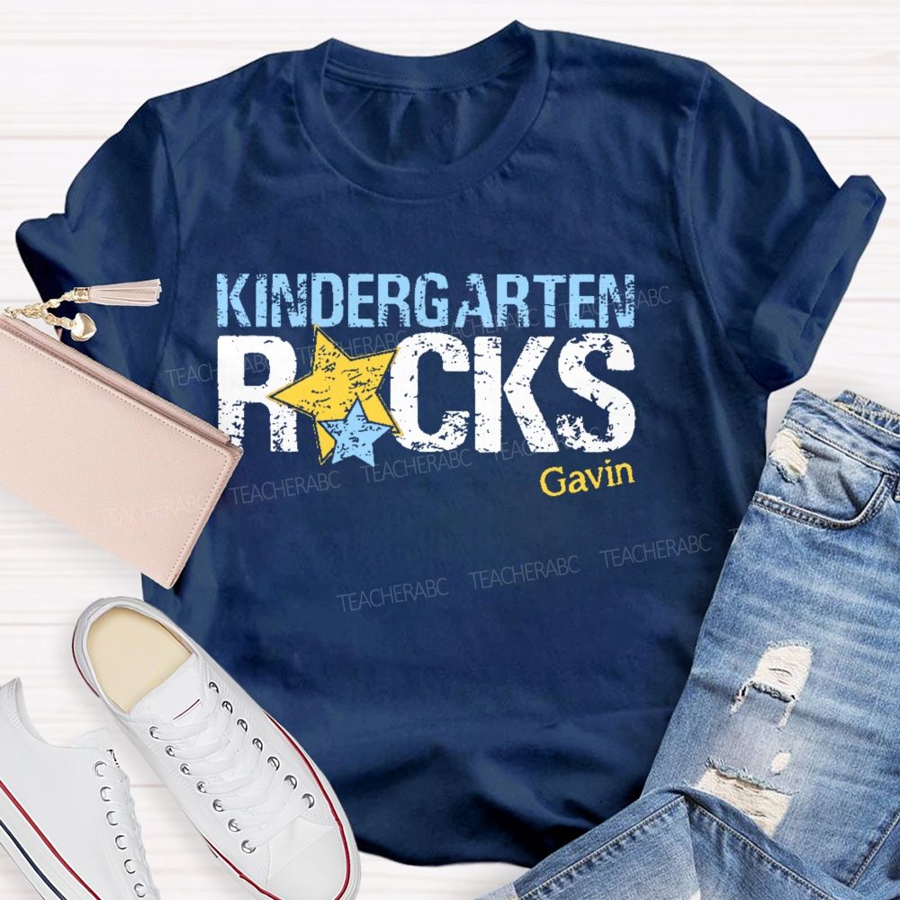 Personalized Name  And  Grade Kindergarten Rocks  Teacher T-shirt