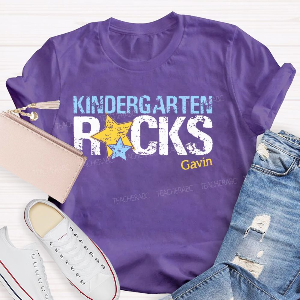 Personalized Name  And  Grade Kindergarten Rocks  Teacher T-shirt
