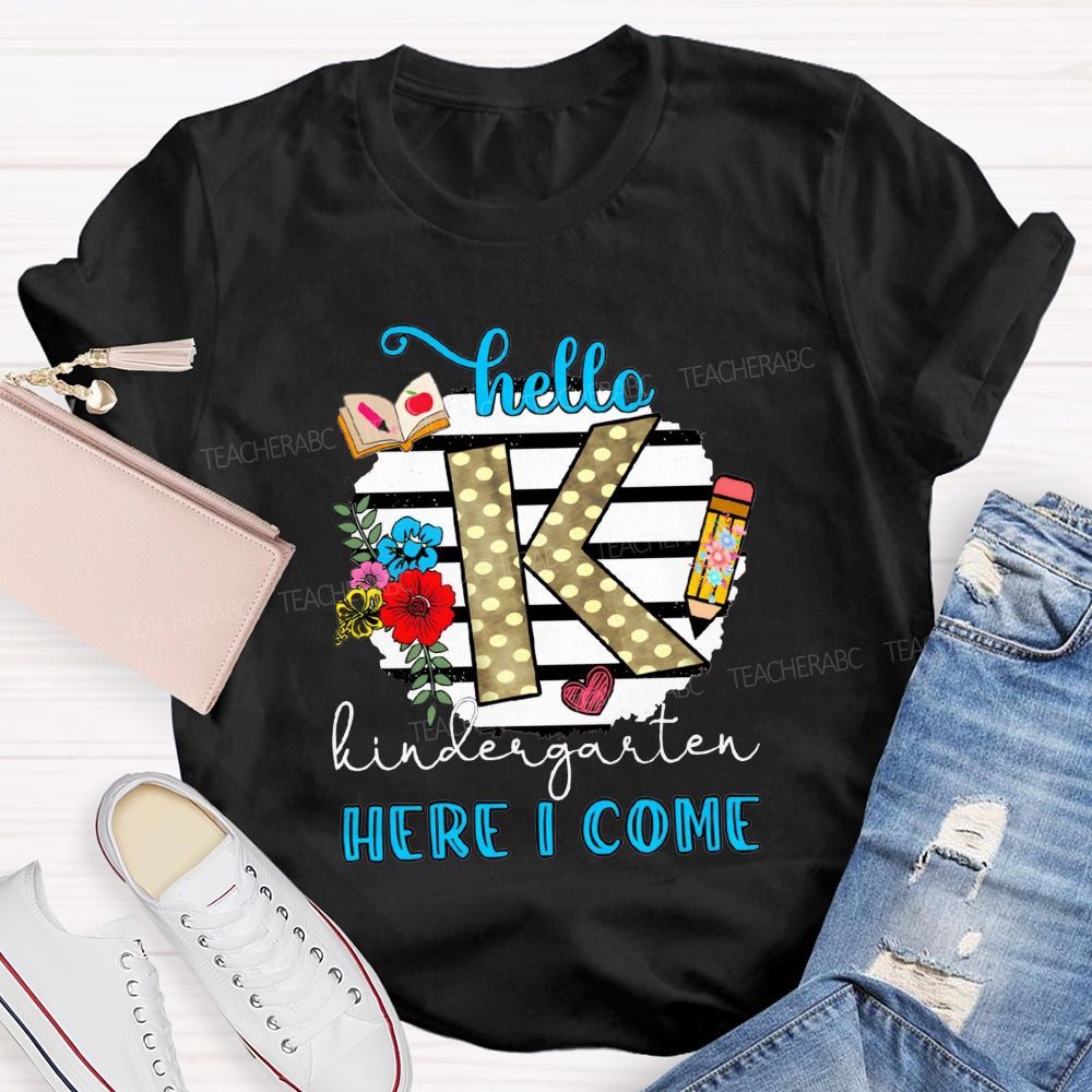 Personalized Grade Hello Kindergarten Here I Come Polka Dot K Floral Pencil Book T-shirt