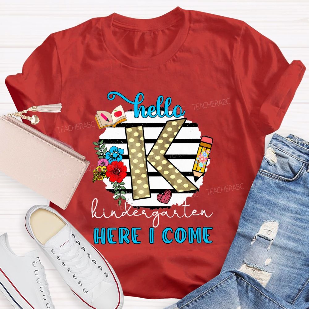 Personalized Grade Hello Kindergarten Here I Come Polka Dot K Floral Pencil Book T-shirt