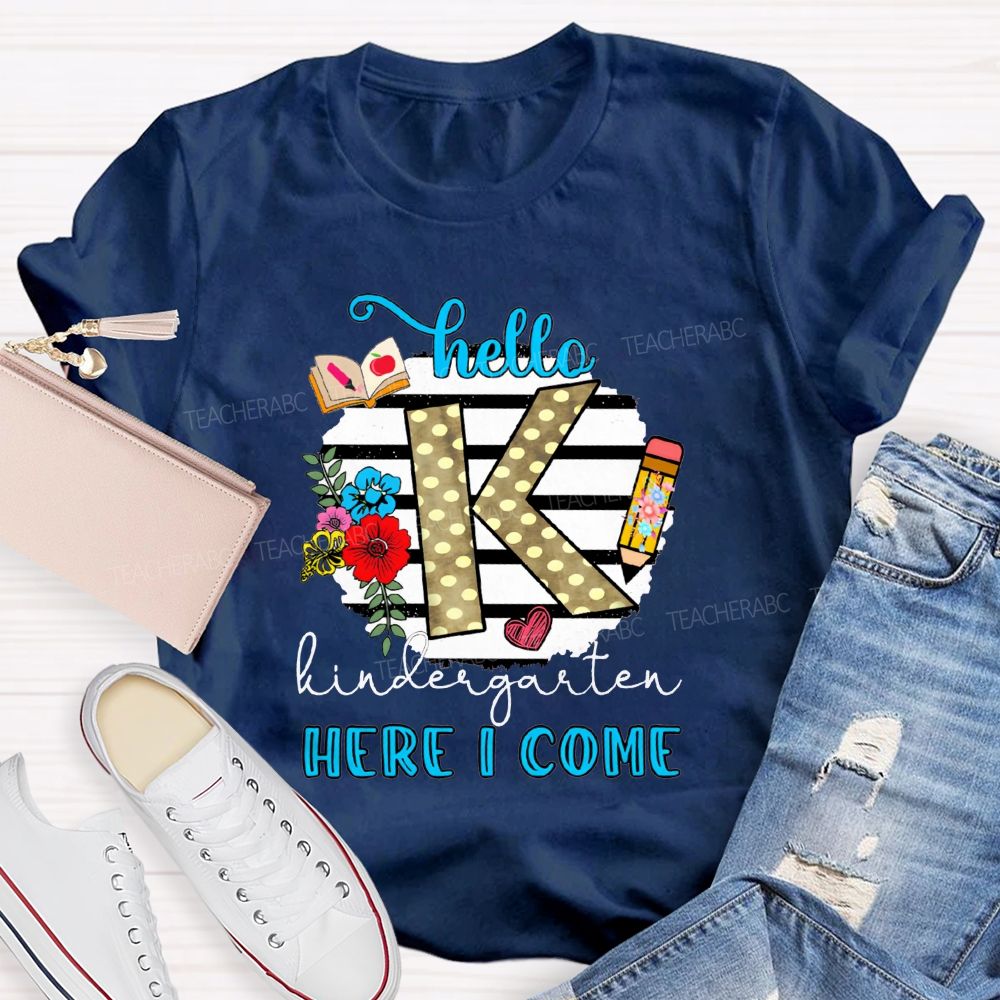 Personalized Grade Hello Kindergarten Here I Come Polka Dot K Floral Pencil Book T-shirt