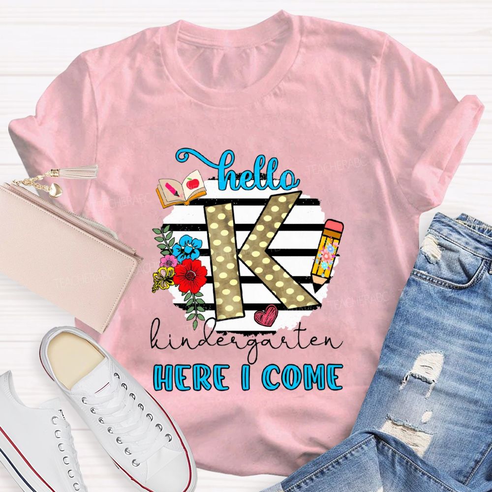 Personalized Grade Hello Kindergarten Here I Come Polka Dot K Floral Pencil Book T-shirt