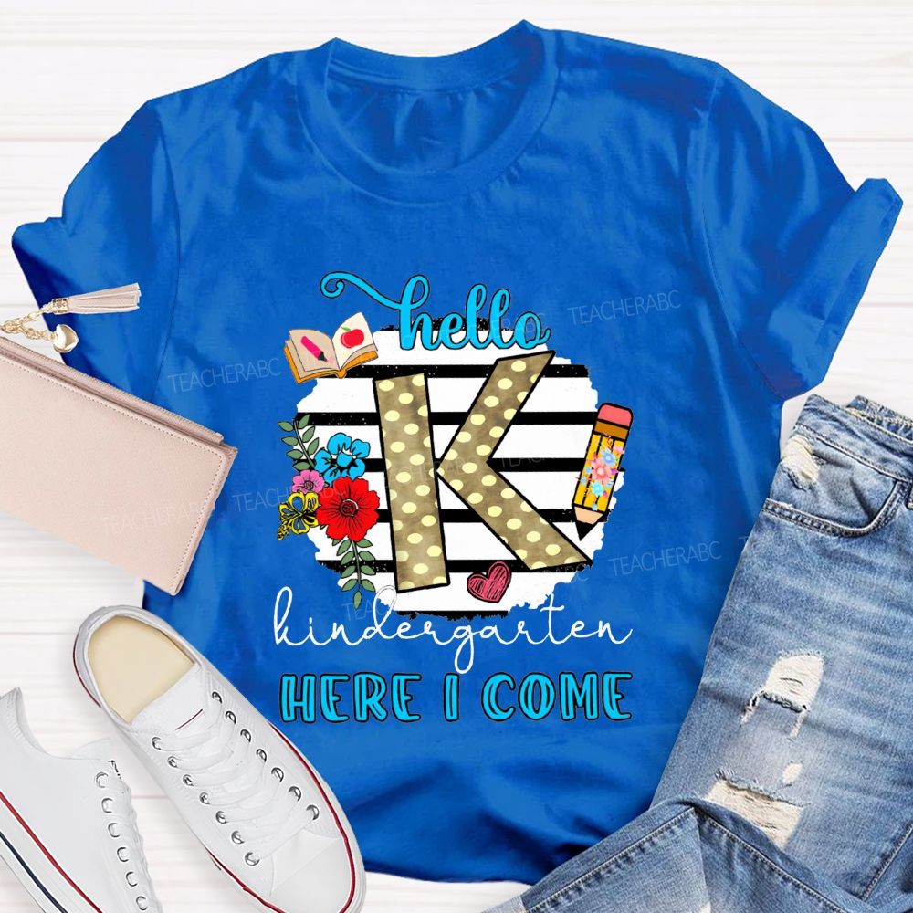 Personalized Grade Hello Kindergarten Here I Come Polka Dot K Floral Pencil Book T-shirt