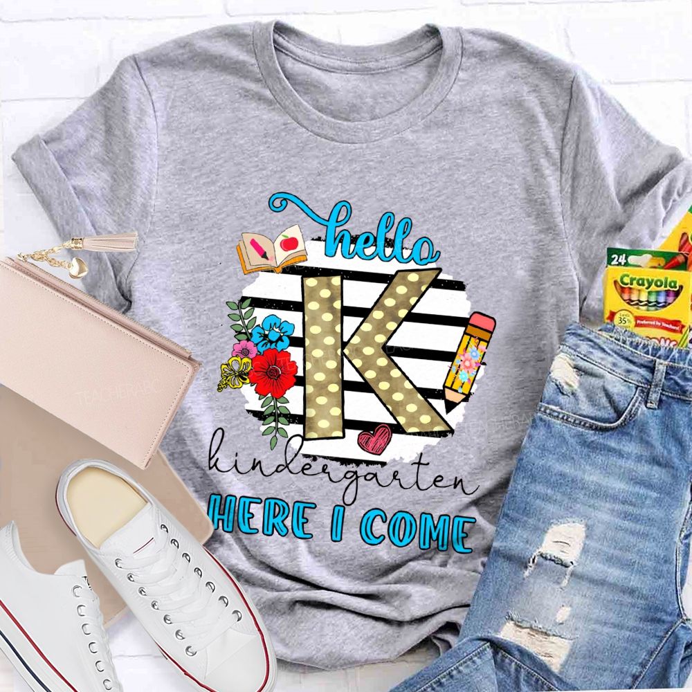 Personalized Grade Hello Kindergarten Here I Come Polka Dot K Floral Pencil Book T-shirt
