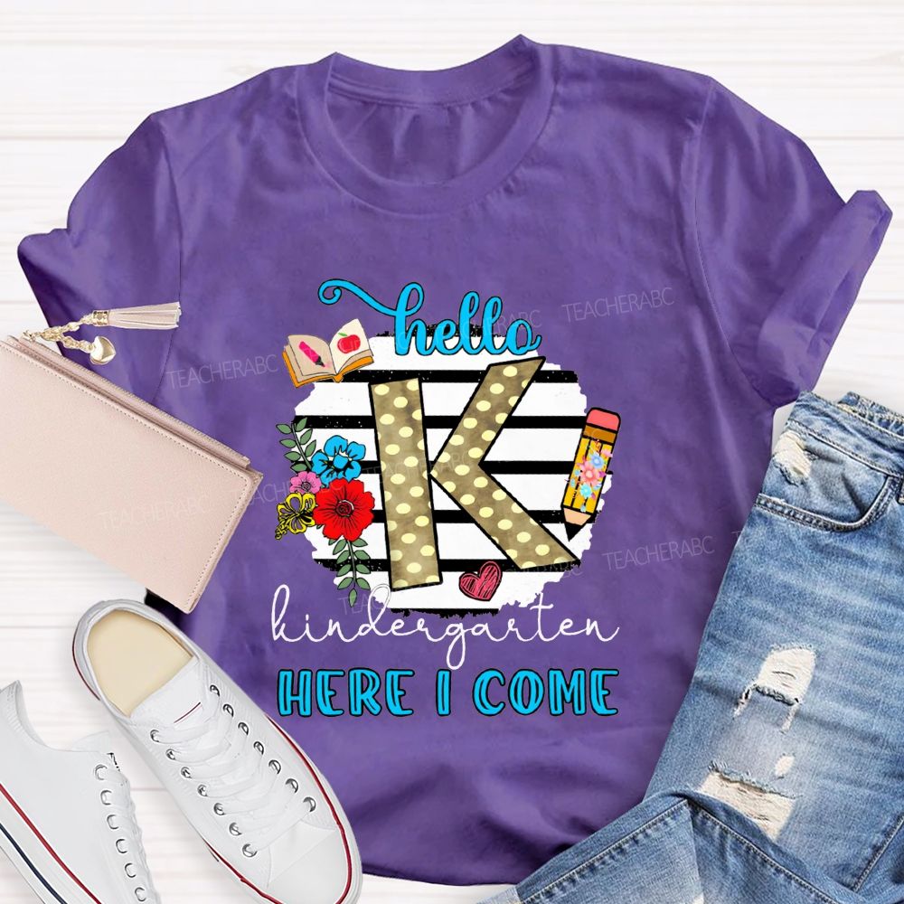Personalized Grade Hello Kindergarten Here I Come Polka Dot K Floral Pencil Book T-shirt