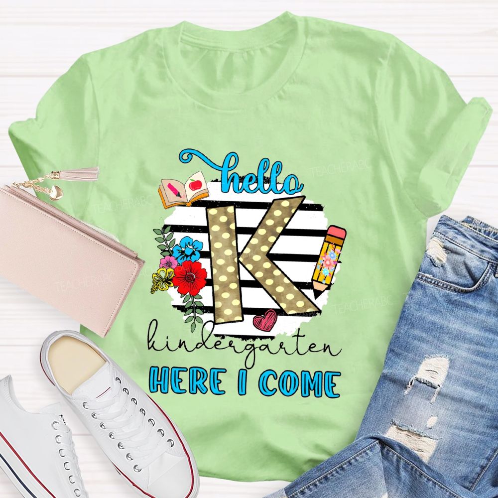 Personalized Grade Hello Kindergarten Here I Come Polka Dot K Floral Pencil Book T-shirt