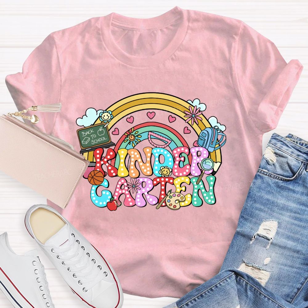 Personalized Grade Kindergarten Rainbow Polka Dot School Supplies Teacher T-shirt