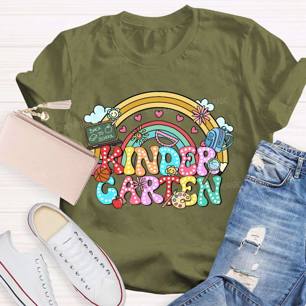 Personalized Grade Kindergarten Rainbow Polka Dot School Supplies Teacher T-shirt