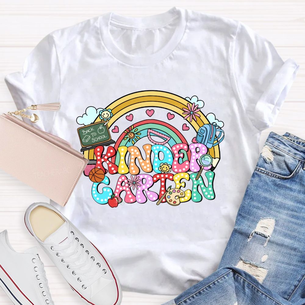 Personalized Grade Kindergarten Rainbow Polka Dot School Supplies Teacher T-shirt