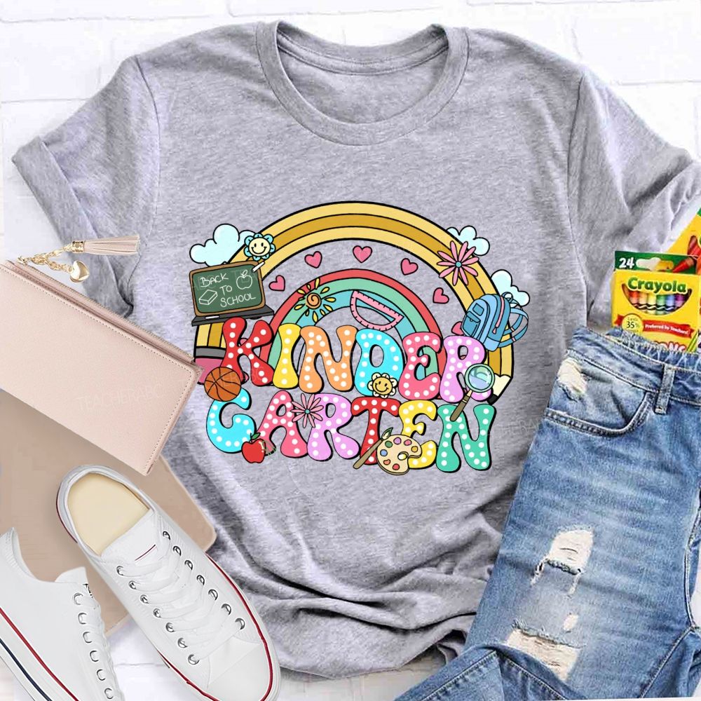 Personalized Grade Kindergarten Rainbow Polka Dot School Supplies Teacher T-shirt