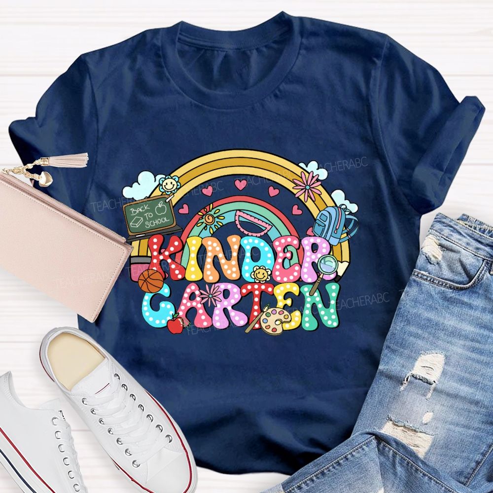 Personalized Grade Kindergarten Rainbow Polka Dot School Supplies Teacher T-shirt