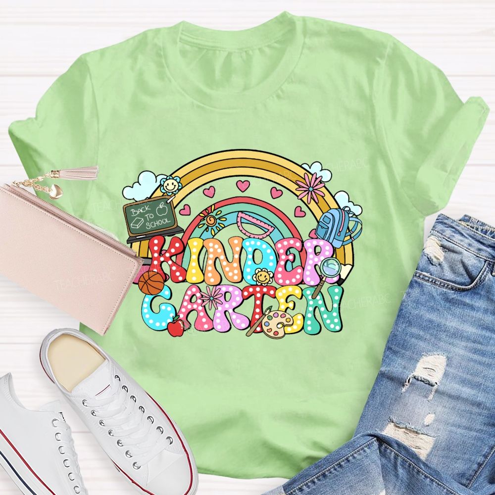 Personalized Grade Kindergarten Rainbow Polka Dot School Supplies Teacher T-shirt