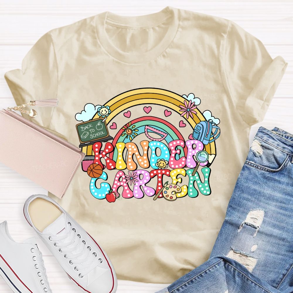 Personalized Grade Kindergarten Rainbow Polka Dot School Supplies Teacher T-shirt
