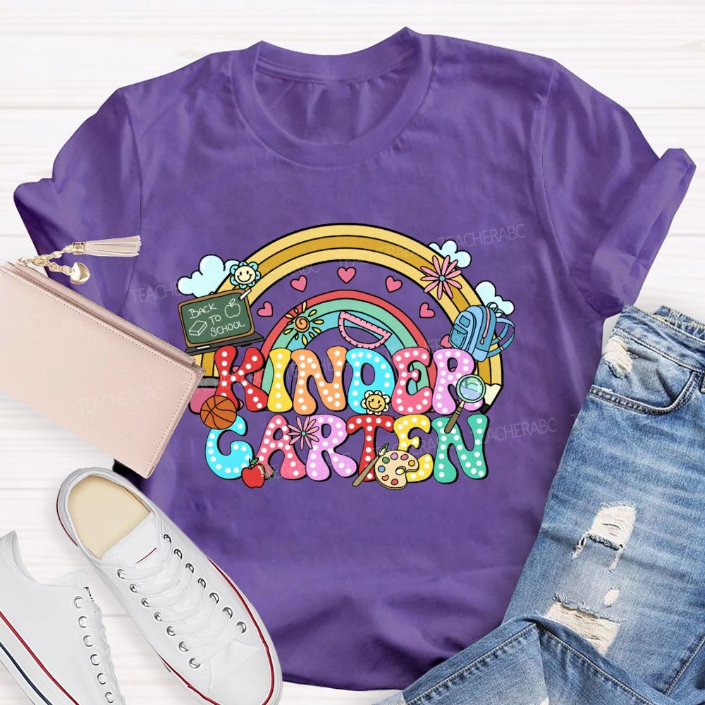 Personalized Grade Kindergarten Rainbow Polka Dot School Supplies Teacher T-shirt