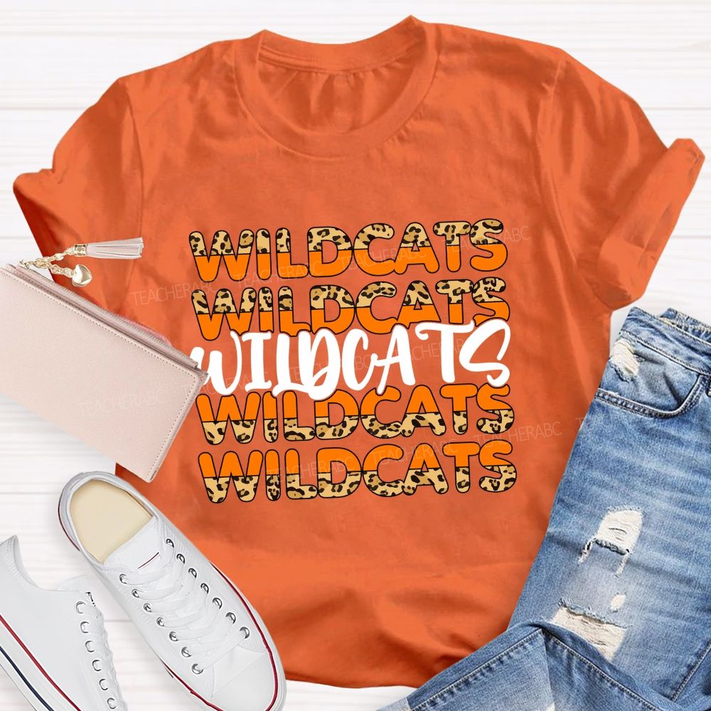 Personalized Mascot Orange Leopard Wildcat Print Teacher T-Shirt
