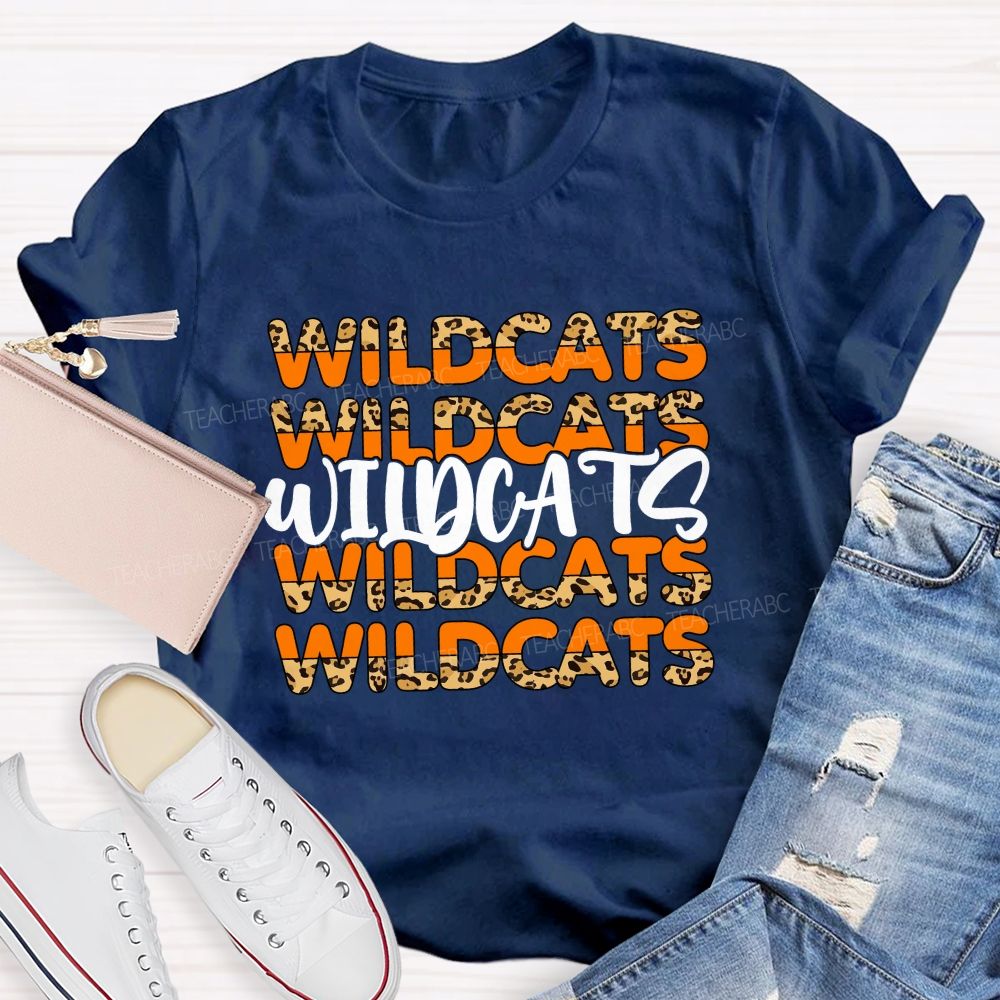 Personalized Mascot Orange Leopard Wildcat Print Teacher T-Shirt