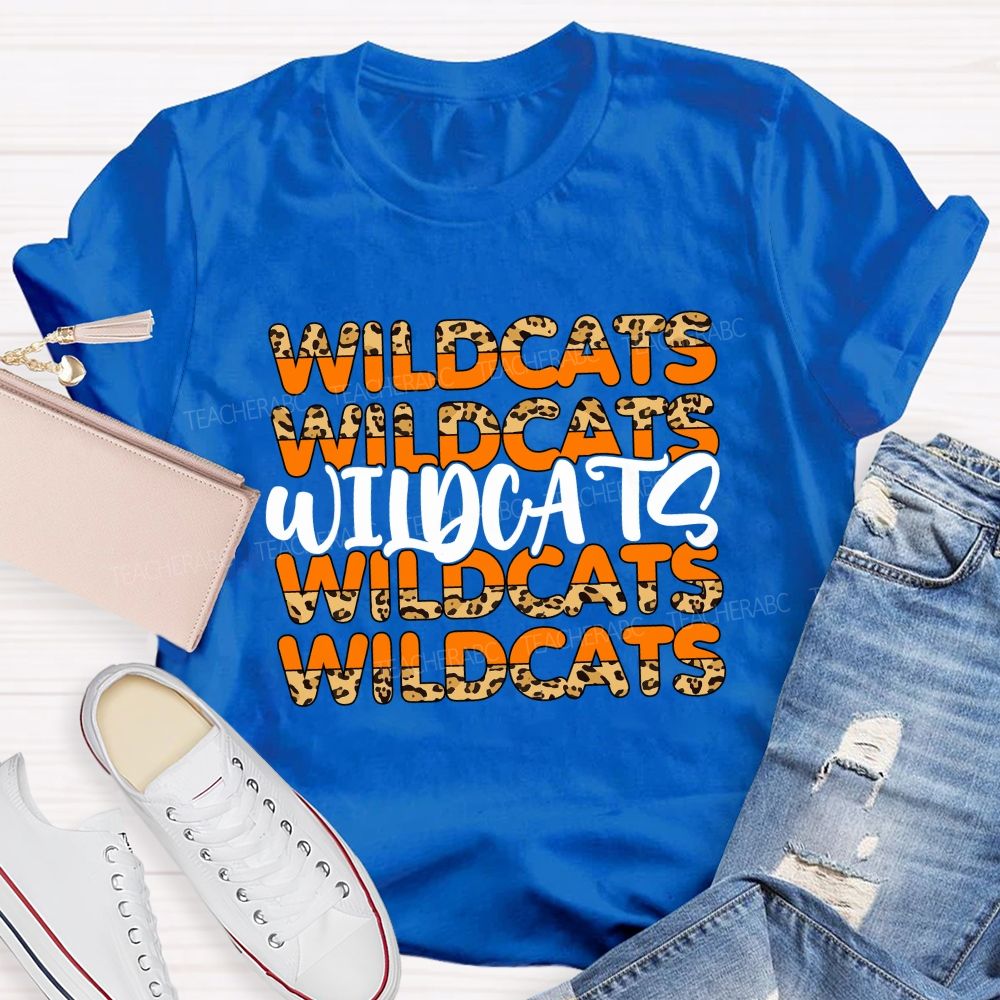 Personalized Mascot Orange Leopard Wildcat Print Teacher T-Shirt