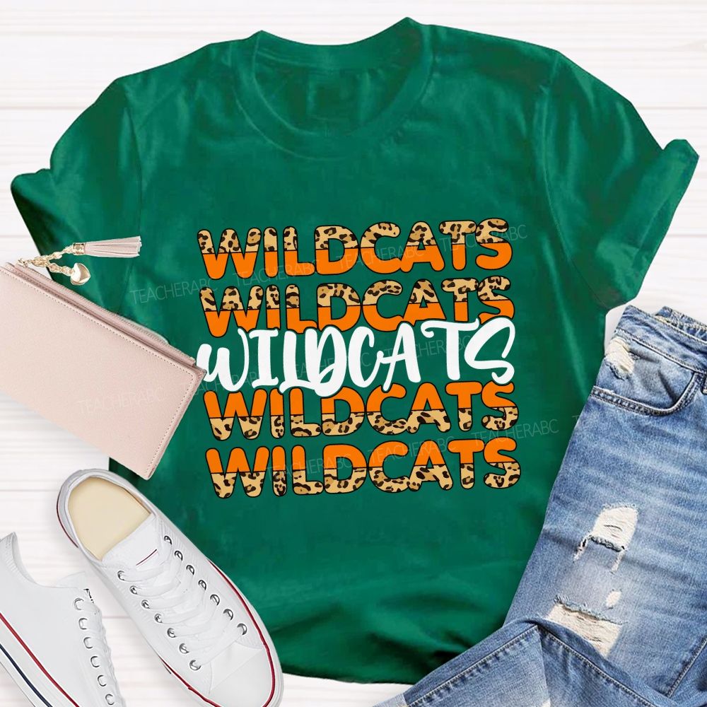 Personalized Mascot Orange Leopard Wildcat Print Teacher T-Shirt