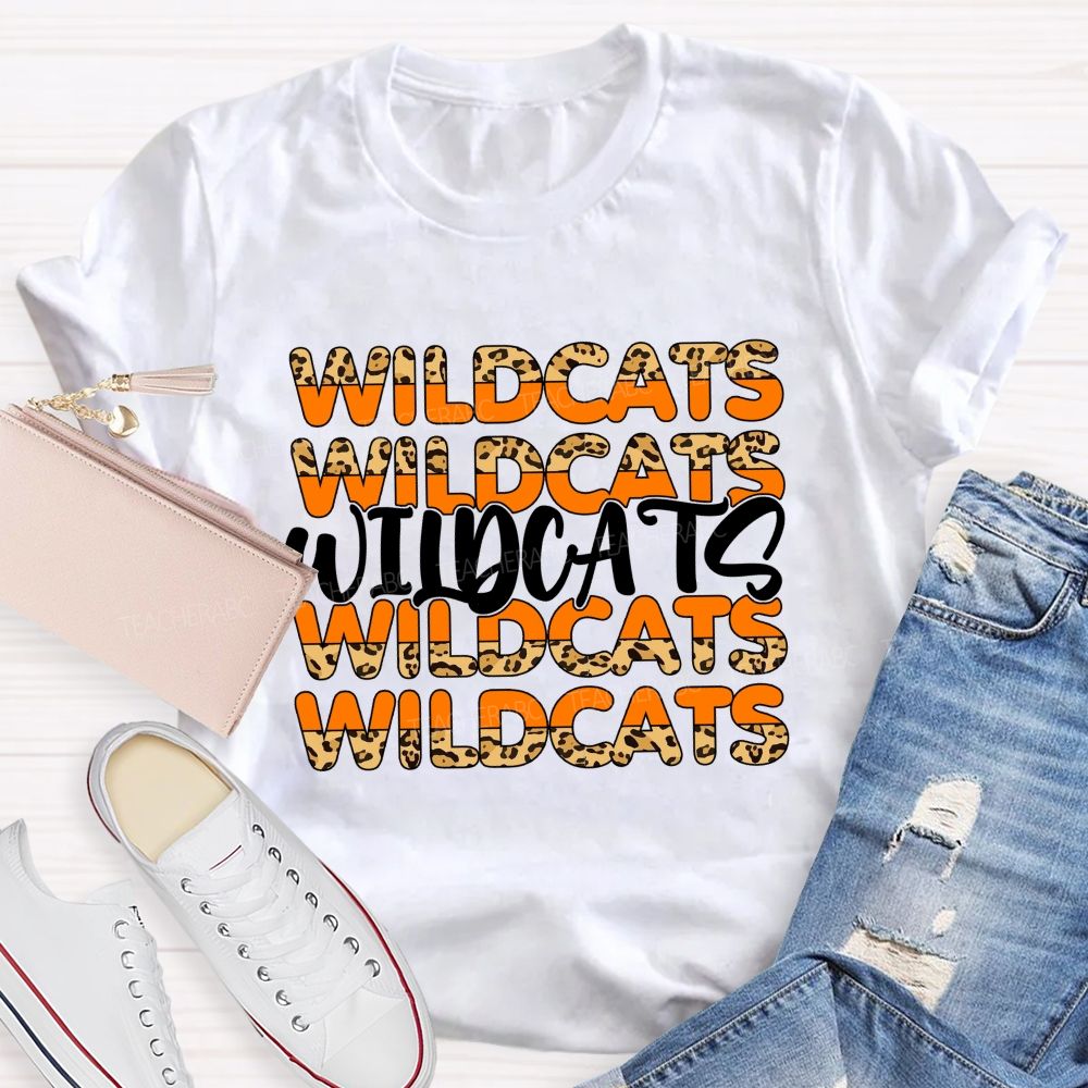 Personalized Mascot Orange Leopard Wildcat Print Teacher T-Shirt