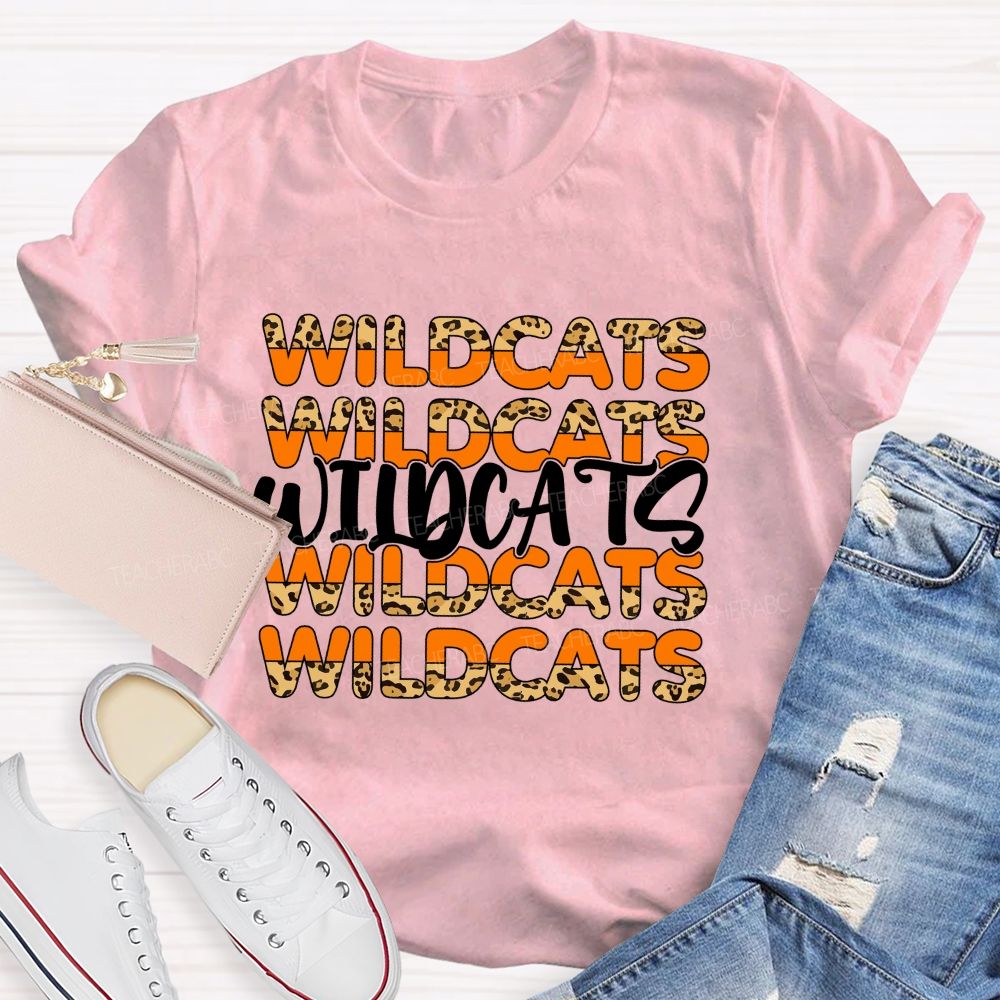 Personalized Mascot Orange Leopard Wildcat Print Teacher T-Shirt