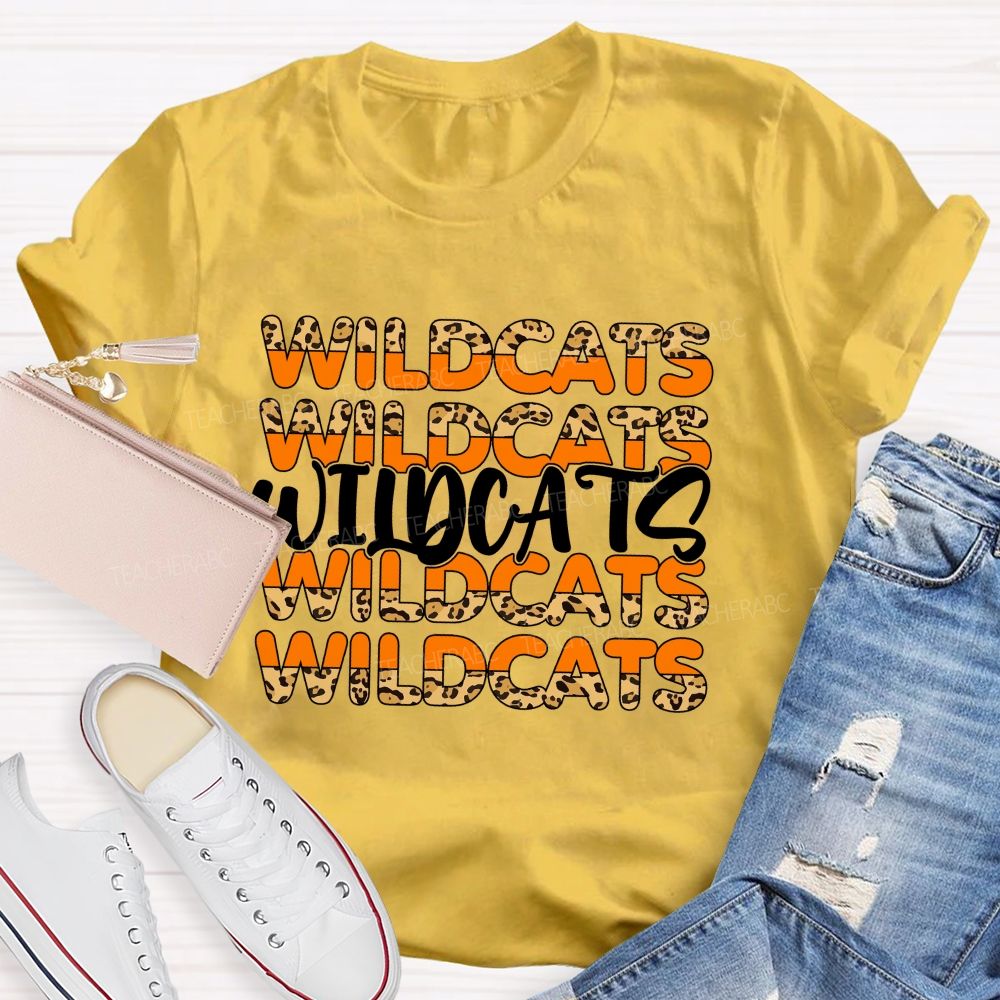 Personalized Mascot Orange Leopard Wildcat Print Teacher T-Shirt