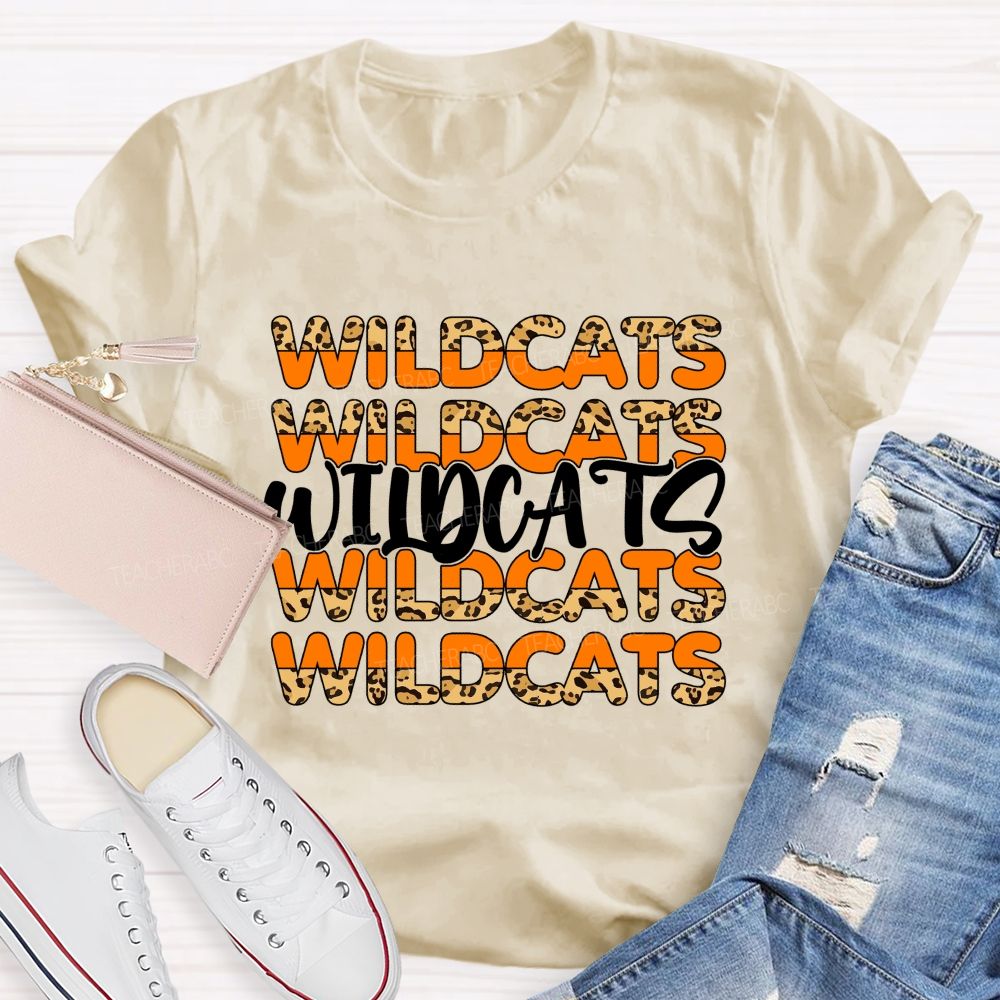 Personalized Mascot Orange Leopard Wildcat Print Teacher T-Shirt