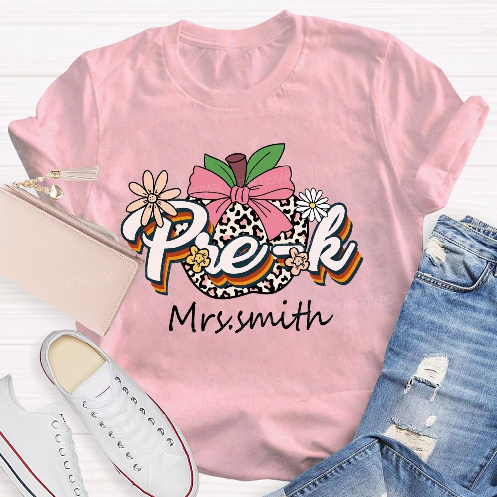 Personalized Name Leopard Apple Pre-k School Teacher T-shirt