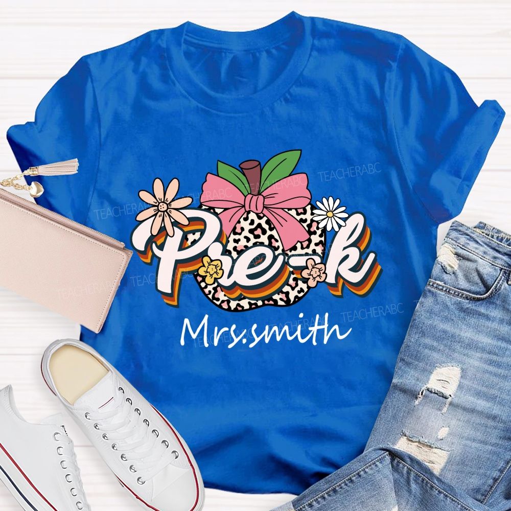 Personalized Name Leopard Apple Pre-k School Teacher T-shirt