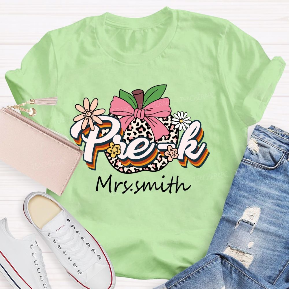 Personalized Name Leopard Apple Pre-k School Teacher T-shirt